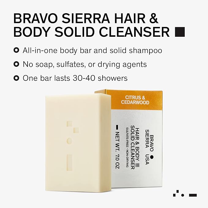 Bravo Sierra All-In-One Citrus & Cedarwood Men's Body and Hair Bar, 3-Pack - Coconut, Shea Butter & Oat Flour for Soft Skin & Healthy Hair, 7 oz
