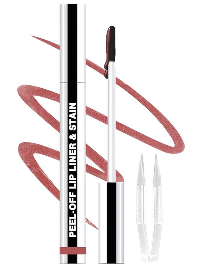 Lip Liner Stain Peel Off with Tweezer, Long Lasting Matte Lip Tattoo, Highly Pigmented Color Lip Tint Makeup, Waterproof, Transfer-proof Lipstain for Women, for All Skin Types Rose Pink