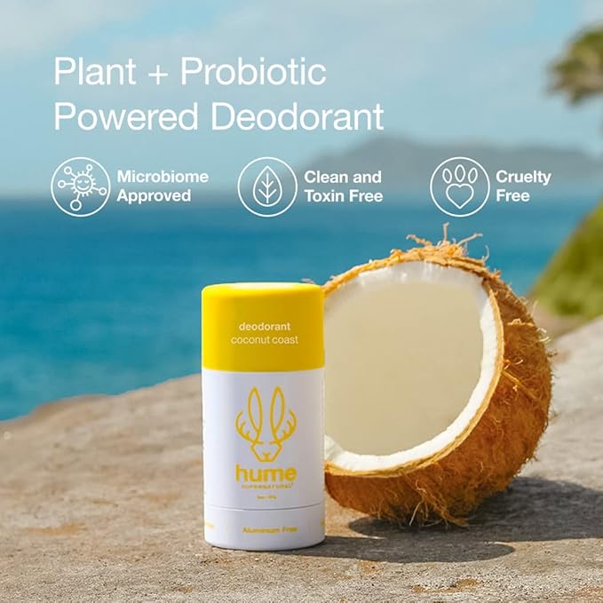 Hume Supernatural Aluminum Free Deodorant for Women & Men - Safe for Sensitive Skin - Probiotic, Plant-Based, Baking Soda Free, Aloe, & Cactus Flower, Anti Sweat, Stain & Odor - Coconut Coast 2-Pack
