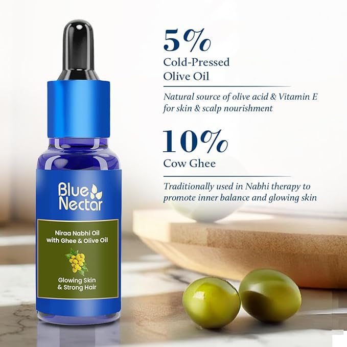 Blue Nectar Ayurveda Navel Oil with Ghee & Olive for Belly Oiling | Natural Belly Button (Nabhi) Oil for Radiant Skin & Deep Hydration (22 Herbs, 0.33 Fl Oz)