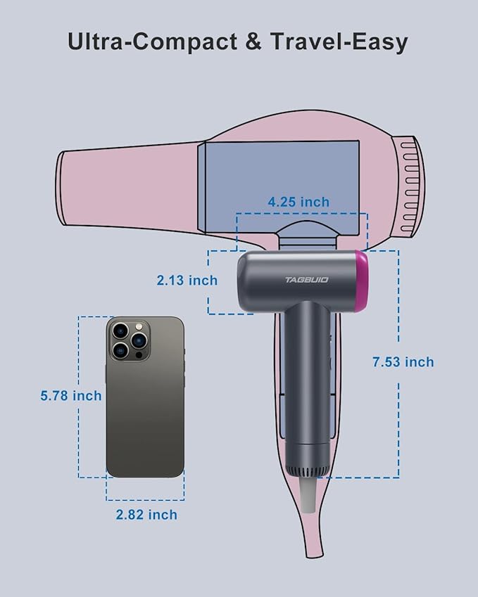Hair Dryer, TAGBUIO 110,000 RPM High-Speed Hair Dryer for Fast Drying, Thermo-Control Negative Ionic Care, Compact Travel Blow Dryers Magnetic Nozzle, Low Noise Portable Blow Dryers for Home Purple