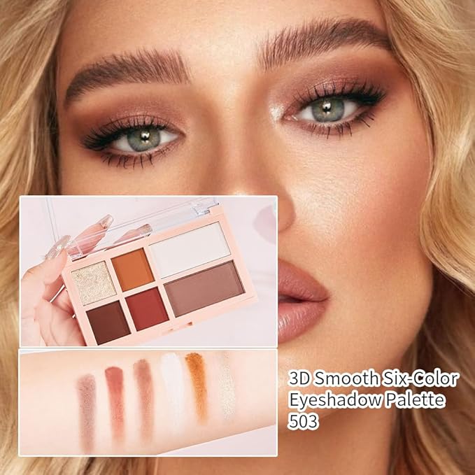 6 Colors Velvety Smooth Eyeshadow Palette, Neutral Nude Eye Shadow Matte & Shimmer Shades, Highly Pigmented Waterproof Long-Lasting Travel-Friendly Daily Eye Makeup Palette for Women, 3#