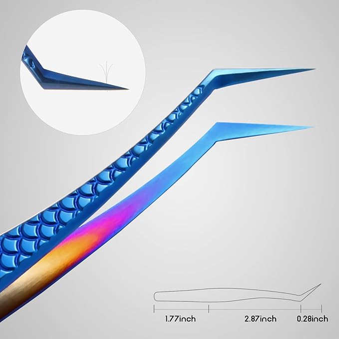 FEITA Diamond Grip Eyelash Extensions Tweezer Lash Precision Tweezers, Japanese Steel Dolphin-shaped & Angled Tip, False Lashes Application Tools, Blue 2Pcs