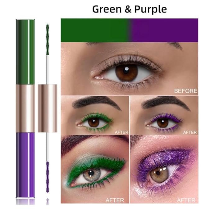 Waterproof Colorful Mascara with Small Brush, 1 Mascara with 2 Colors, Multi-Color, 2 Brush 2 Colors, Smudge-Proof, Long-Lasting, Volume and Lengthening, No Clumping (Green & Purple)