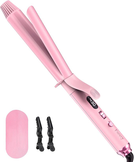 FARERY Long Barrel Curling Iron 1 1/4 inch, 1.25 Inch Curling Iron for Thin Hair, Infused Argan Oil & Keratin, 11 Adjustable Temp, Include Clips & Silicone Pad, Pink