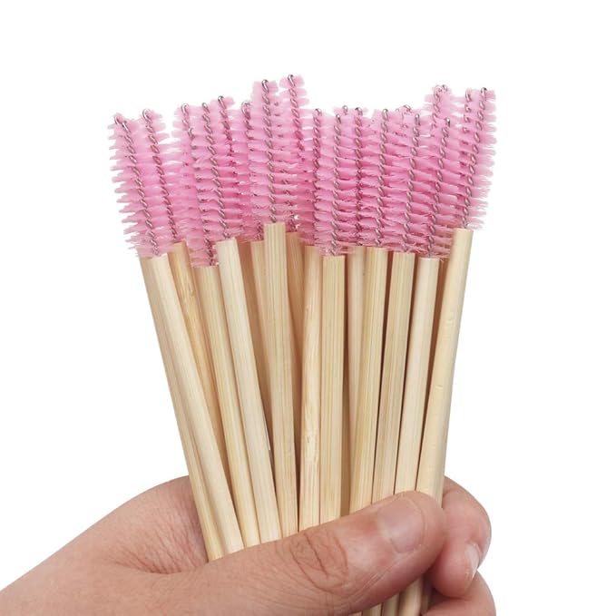 MyAoKuE-UP 100 Pack Bamboo Handle Mascara Wands Disposable Eyelash Brushes Lash Extension Tool, Pink
