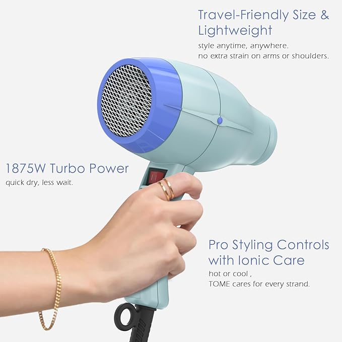 TOME Hair Dryer with Diffuser Blow Dryer Ionic 1875W Cool Shot Curly Hair Teeth Comb Nozzle attachments Light Weight Low Noise Fast Dry Blue