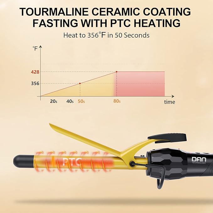 DAN Technology 5/8 Inch Curling Iron Wand, Tourmaline Ceramic Hair Curler with LCD Display (180°F–430°F), Fast Heating, Dual Voltage, Auto Shut-Off, Black & Gold