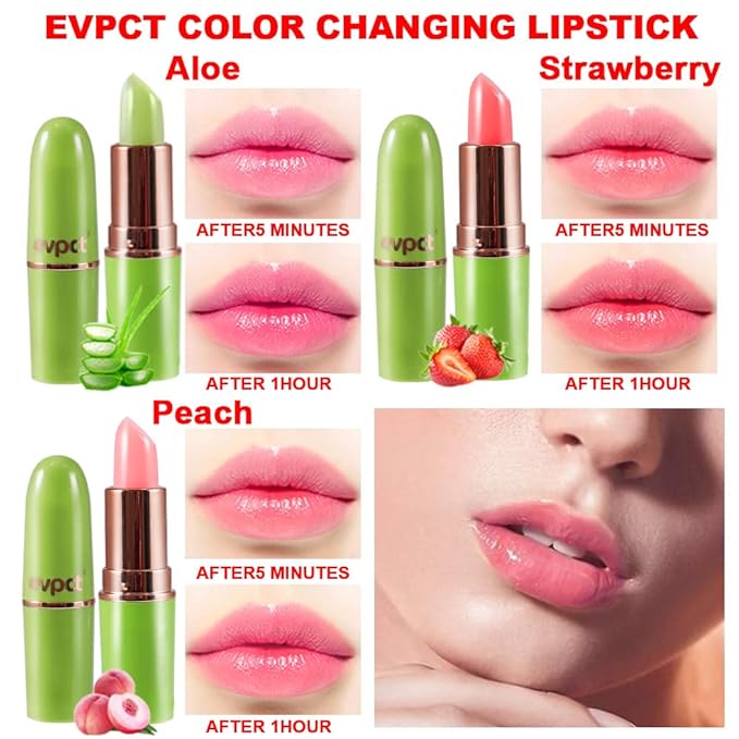 BINGBRUSH Aloe vera Color Changing Lipstick,Moisturizer Long Lasting Lip Care Magic Lip Gloss,Makeup Lipstick Set (3pcs Aloe+Strawberry+ Peach, 3 Count (Pack of 1))