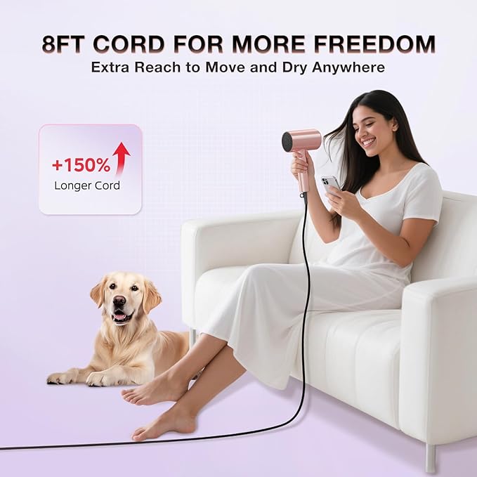 Ionic Diffuser Hair Dryer for Curly Hair, 1875W Fast Drying Blow Dryer with Diffuser and Concentrator Nozzle, Compact & Portable Negative Ion Hairdryer Blowdryer, 3 Heat 2 Speed Settings, Pink