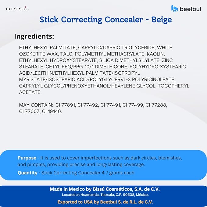 Bissú Stick Correcting Concealer - 15 Versatil Shades, Natural Finish, Contouring, Highlighting, Easy Application, 4,7 grms (Beige, Stick)