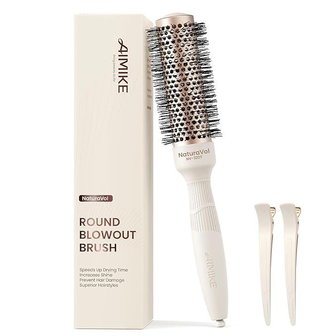 AIMIKE NaturaVol Round Brush for Blow Out, Small Round Hair Brush for Short Hair, Nano Thermal Ceramic Tech Hairbrush for Blow Drying & Curling, with 2 Clips (1.3 Inch Barrel, 2.1 Inch Bristle)