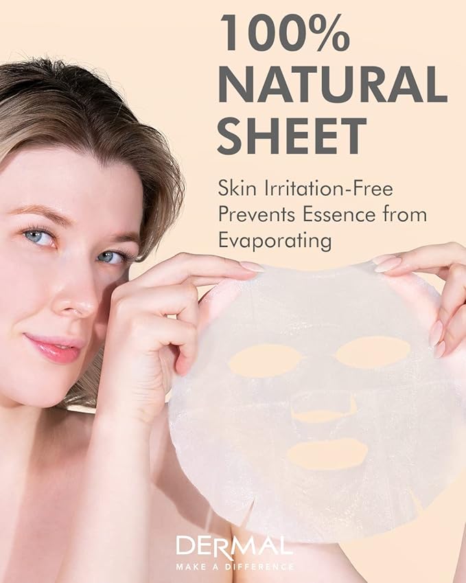 DERMAL Korean Collagen Face Mask – Hydrating & Soothing Sheet Mask with Panthenol – Hypoallergenic Calming Moisture Care for All Skin Types – 16 Combo Pack A