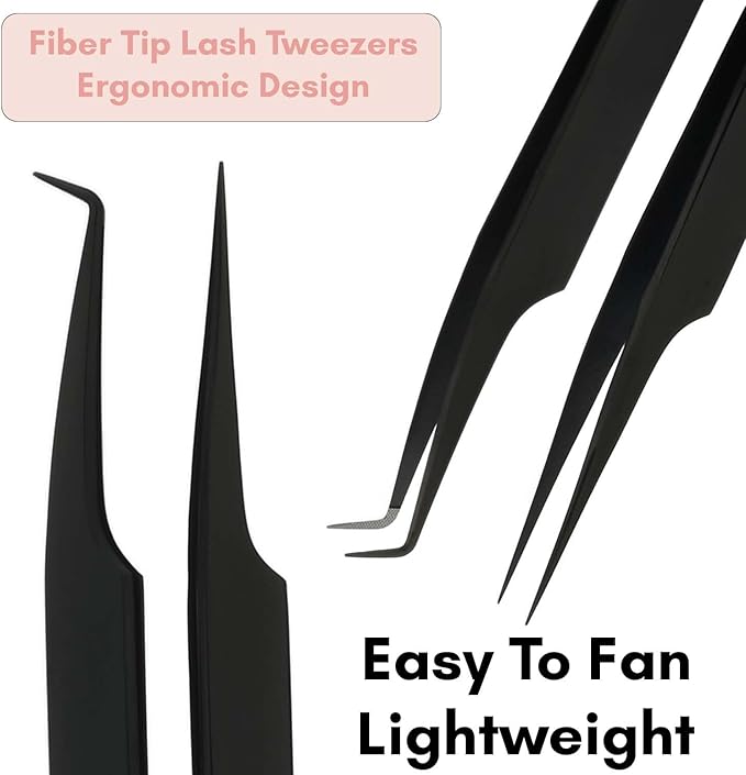 My Lash Tools Fiber Tip Lash Tweezers for Eyelash Extension Curved 90 Degree Angle Boot Tweezer Best for Volume, Individual Isolation & Classic Lashes Stainless Steel Lash Supply (Black 2x Set)