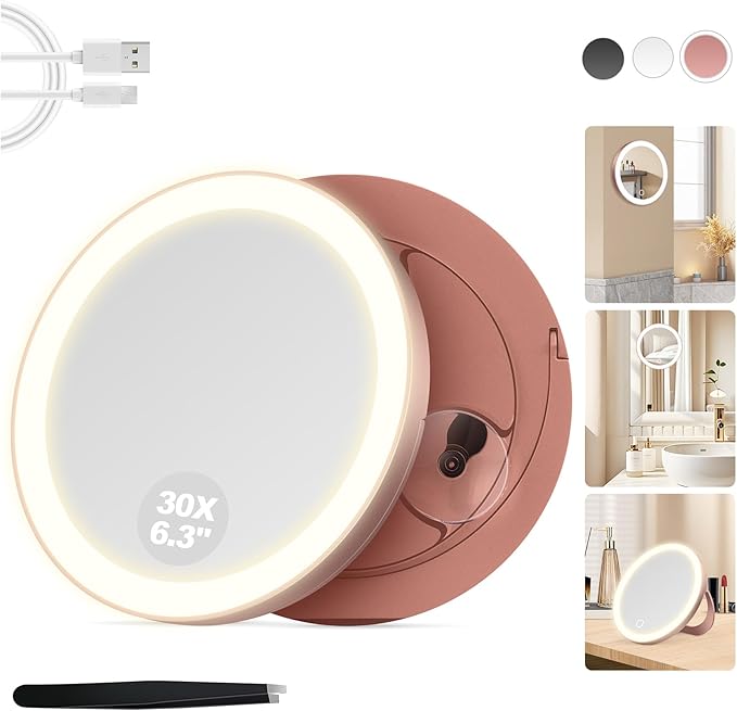 30X Magnifying Mirror Suction Cup, 6" Makeup Mirror with Lights, Rechargeable Travel Mirror with 3 Color Dimmable Lights for Precision Makeup, Fits Bathroom/Wall Suction/Hanging, Rosegold