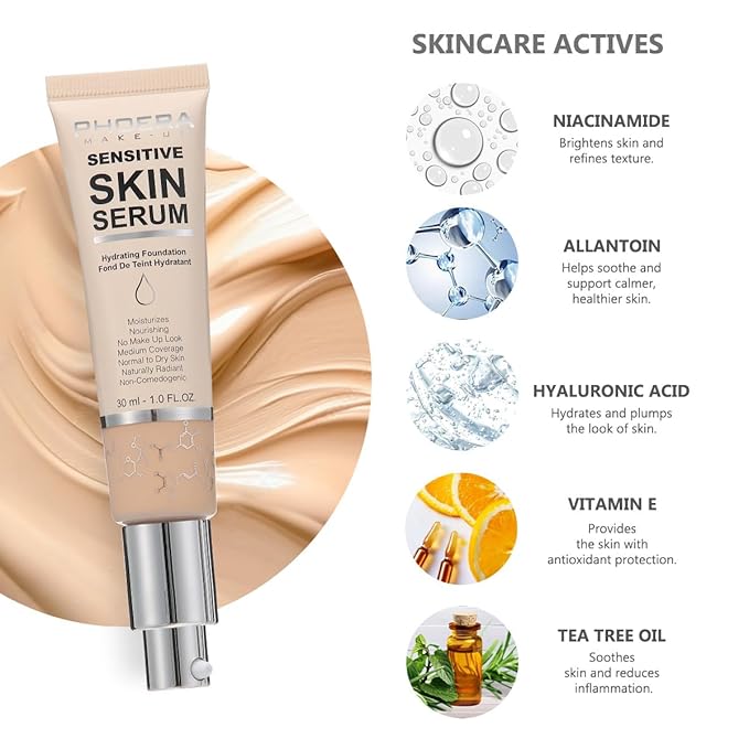 PHOERA Hydrating Serum Foundation,Flawless Full Coverage and Hypoallergenic Makeup Base Foundation. (N04 Sand, norm)