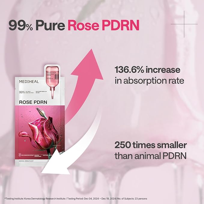 Mediheal Rose PDRN Essential Sheet Mask 4 pcs. 99% Pure White Rose PDRN & Hyaluronic Acid for hydrating, firming, and enhancing moisture barrier, skin firmness, and glow. Vegan formula.