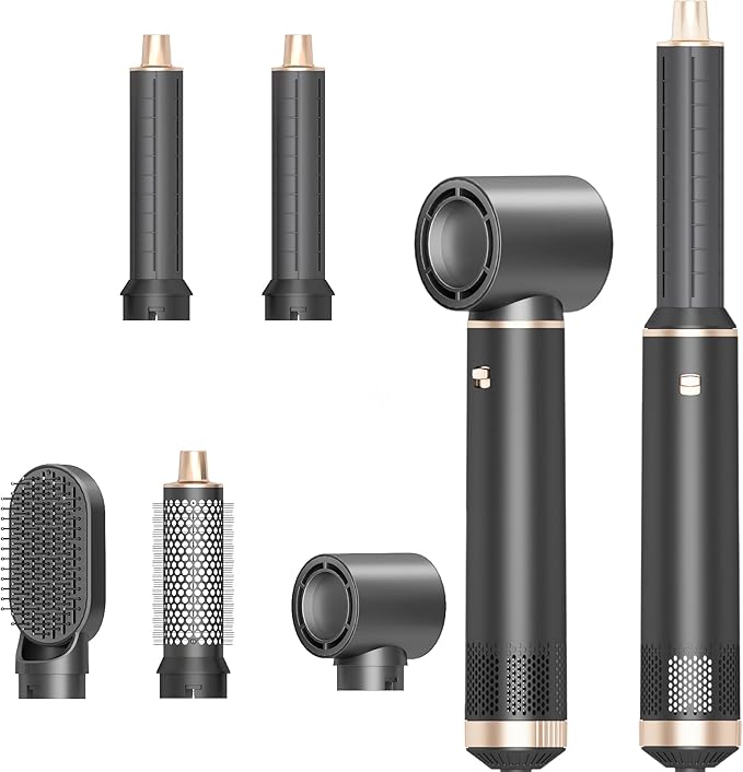 5 in 1 Hair Dryer Brush Hot Air Curling Brush Negative Ion Air Styler，Multi Function Blow Dryer Brush with Curling Wand, Straightening Brush, and Volumizing Hot Air Brush （Ash Gold）