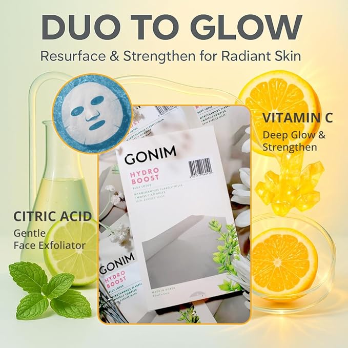 GONIM Face Mask Korean Skin Care with Hyaluronic Acid Serum, Collagen Activation, Vitamin C-Face Masks Skincare Hydration, Moisturizing Sheet Mask, Travel Essentials, Korean Face Mask 30ml x20pcs