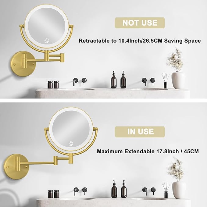 Make up Mirror Wall Mounted Lighted 10X Magnifying, 8" Double Sides 3 Color Lighting Touch Dimming, 360 Swivel Extended Arm Shaving Light up Mirror Hard Wired for Bathroom, Brushed Gold