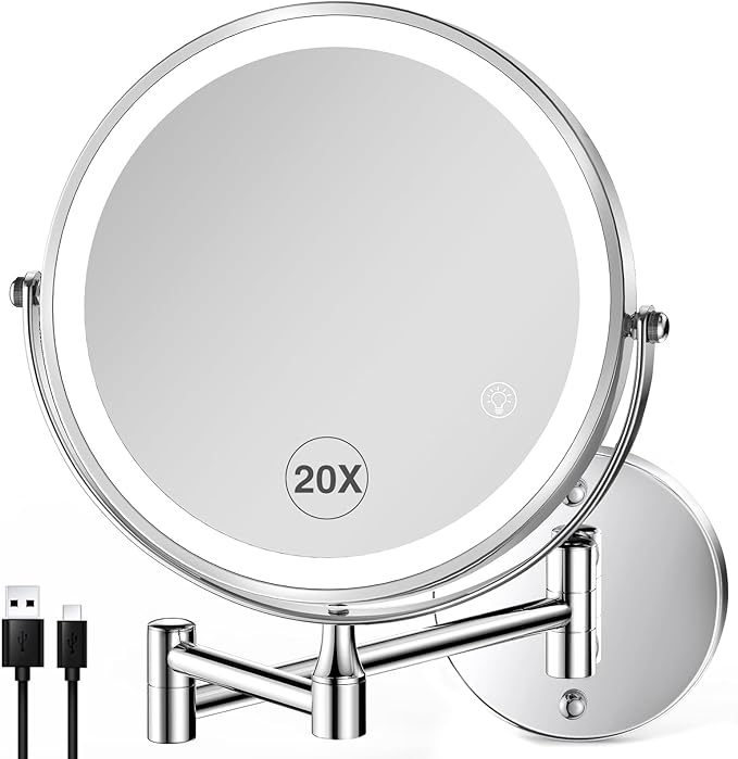 20X/1X Wall Mounted Lighted Makeup Mirror with Light, 8.5'' Double Sided Rechargeable Magnifying Bathroom Mirror, 3 Color Lights Touch Dimmable Extended Arm 360 Rotation Light up Magnification Mirrors