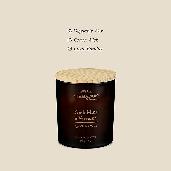A LA MAISON Candle + Hand Soap Duo – Fresh Mint & Verveine – 7 oz Amber Glass Scented Candle & 16.5 fl oz Amber Glass Liquid Hand Wash Plant-Based Formula – Made in France – 2-Pack