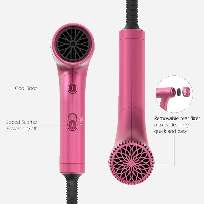 TOME 1200W Hair Dryer Travel Dual Voltage 120V/240V Foldable Blow Dryer with Diffuser Comb Nozzle Storage Bag Universal Power Adapter (Hot Pink)