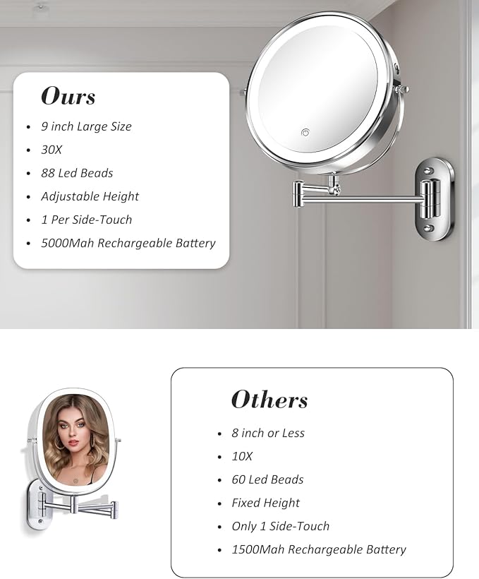 30X/1X Wall Mounted Lighted Makeup Mirror, 9'' Height Adjustable Double Sided 5000mAh Rechargeable Magnifying Bathroom Mirror with Light, 3 Color Modes Touch Dimmable Extended Arm 360 Rotation