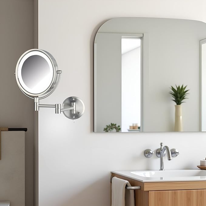 JERDON Wall-Mounted Vanity Mirror with Lights - Lighted Makeup Mirror with 8X Magnification & Nickel Finish - Plug in Model HL88NL