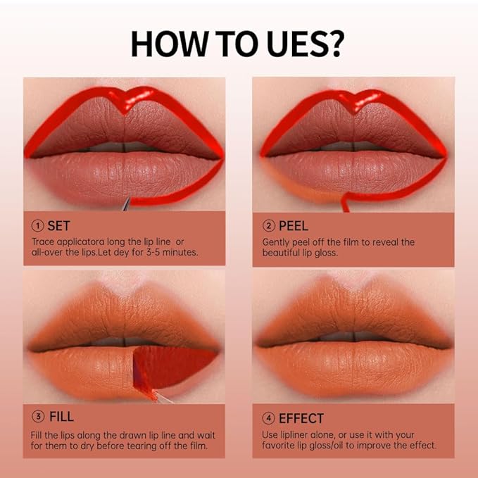 Double-head design Lip Stain Lip Liner Stain,Matte Finish Peel Off Lip Stain with Tweezer, Long Lasting Lightweight Smoothing Waterproof Smudge-proof Transfer-proof,Easy to Use,3#peach