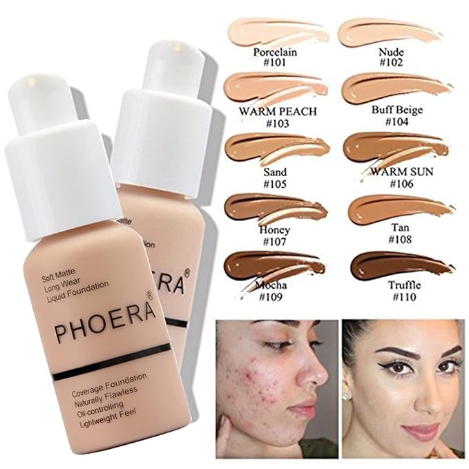 PHOERA Foundation, PHOERA Matte Liquid Foundation,PHOERA Makeup for Women, PHOERA Foundation Full Coverage Concealer, 30ml 24HR Matte Oil Control Concealer (101+102/Porcelain+Nude)