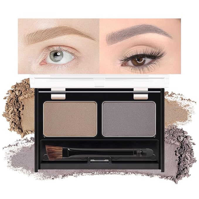 Eyebrow Powder Kit, Long-Lasting Waterproof Two Colors Matte Brow Powder, Eye Brow Powder for Women with Double-ended Eyebrow Brush, Purse-Friendly Compact (A01# Light Brown+Grey, 1Pcs)