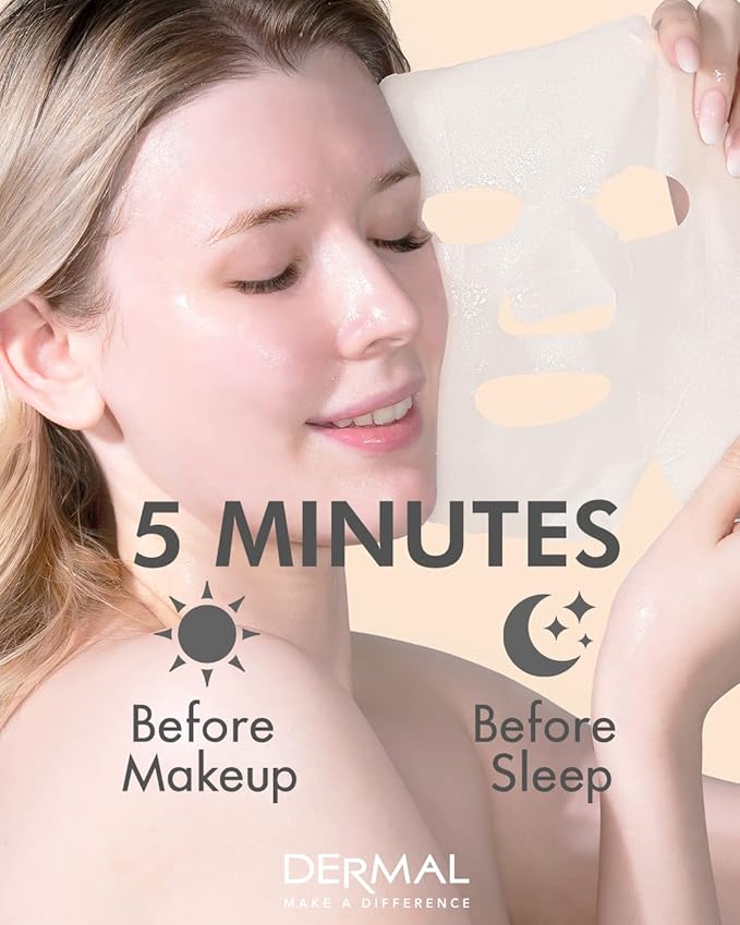 DERMAL Korean Collagen Face Mask – Hydrating & Soothing Sheet Mask with Panthenol – Hypoallergenic Calming Moisture Care for All Skin Types – 16 Combo Pack A