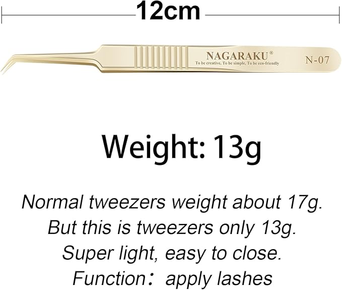 NAGARAKU Tweezers for Eyelash Extensions Gold Curved Angled Volume Cluster Super Light Weight Easy Fanning Tweezers Stainless Steel Precision (N-07)