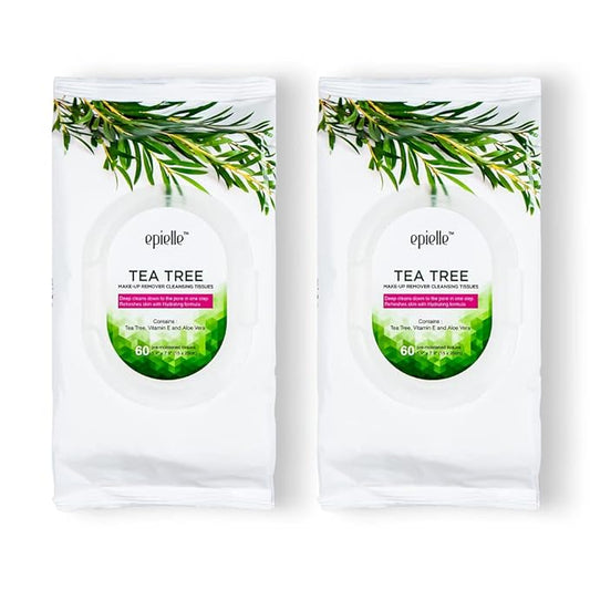 Epielle Tea Tree Makeup Remover Wipes, Gentle Daily Facial Cleanser Towelettes, Remove Dirt, Oil & Waterproof Mascara, Stocking Stuffers, 60 Count (Pack of 2)