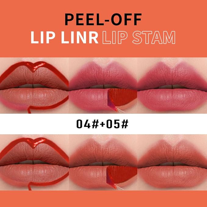 2Pcs Matte Lip Stain Peel Off Lip line Tattoo, Peel-off Lip Stain Masque - All Day Peel Off Lip Tint，Long Lasting Waterproof Transfer-proof Lip Mask Lip Color Peel Off Lip Gloss,Stay Lip Makeup 04+05