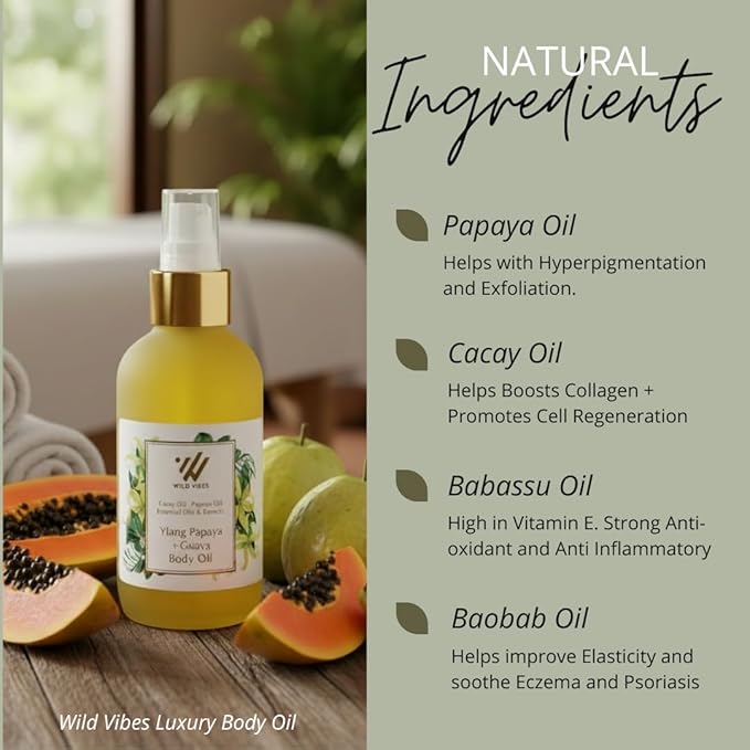 Wild Vibes Ylang Papaya + Guava Body Oil for Women After Shower – Lightweight Botanical Moisturizer with Jojoba, Cacay & Vitamin E – Nourishing Oil for Radiant, Smooth Skin 4oz