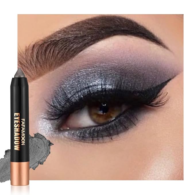 Monochrome Cream Shimmer Glitter Eyeshadow Pencil Stick for Women, Shimmer Black Eye Shadow Eyeliner Pencil Sticks Makeup, sombras para ojos, Waterproof, Vegan & Cruelty-Free, 06#
