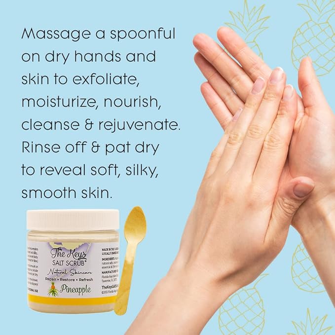 The Keys Salt Scrub -Sea Salt Scrub - Exfoliating Body Scrub with Wooden Spoon - Moisturizing Exfoliator for Hands, Foot, Bath, (Pineapple) (3.4 Fl Oz (Pack of 1), Pineapple)