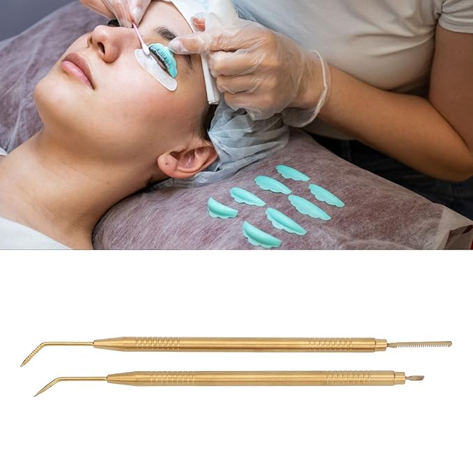 2 Pieces Eyelash Perm Tool,Lash Separator Tint Tool,Stainless Steel Lash Rods Tool with Comb for Eyelash Eyebrow Perming Tinting Curling Extensions (Gold)