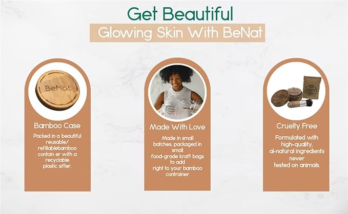 BeNat. Translucent Loose Powder. Vegan. All-Natural Translucent Soft-Matte Finish. Artisanal, Crafted with Fewer, All-Natural Ingredients. Packed in a Beautiful Bamboo, Eco-Friendly Case.