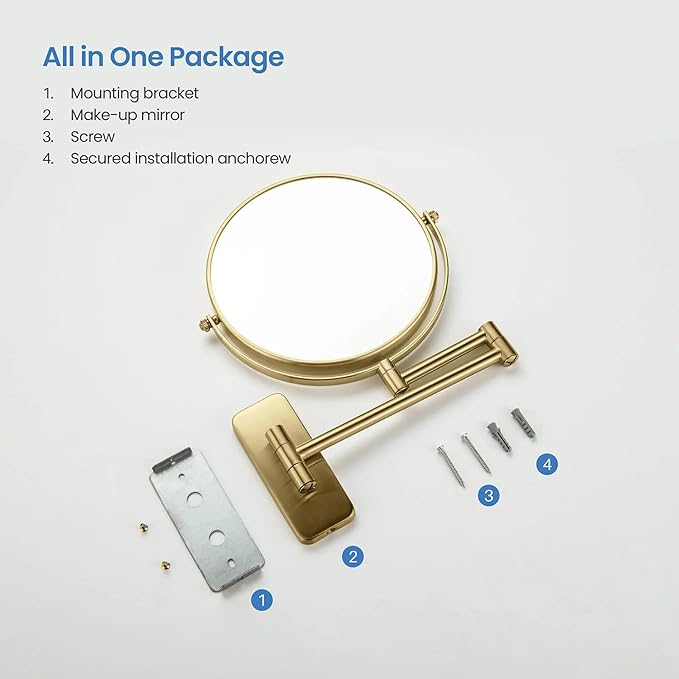 KIBI Circular Wall Mount Makeup Mirror, Dual-Sided 1x/5x Magnifying Mirror with Extendable Arm, 360° Swivel, Solid Brass Construction for Durability and Style (Brushed Brass - KMM100)