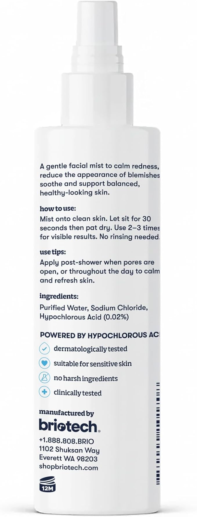 BRIOTECH Renew Toner, Hypochlorous Acid Spray, Minimize Appearance of Blemishes, Soothing Facial Mist for Sensitive Skin, Calm Redness & Bumps, Vegan, 4 fl oz