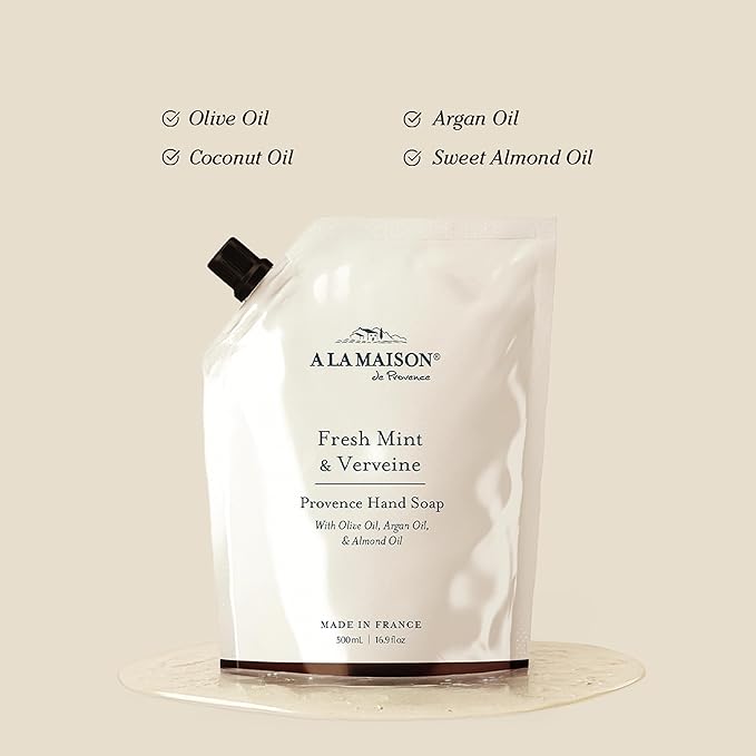 A LA MAISON Hand Soap Refill Pouch – Fresh Mint & Verveine – Liquid Hand Wash Refill, Eco-Friendly & Recyclable – Plant-Based, Biodegradable, Made in France – 16.9 fl oz – Amber Collection