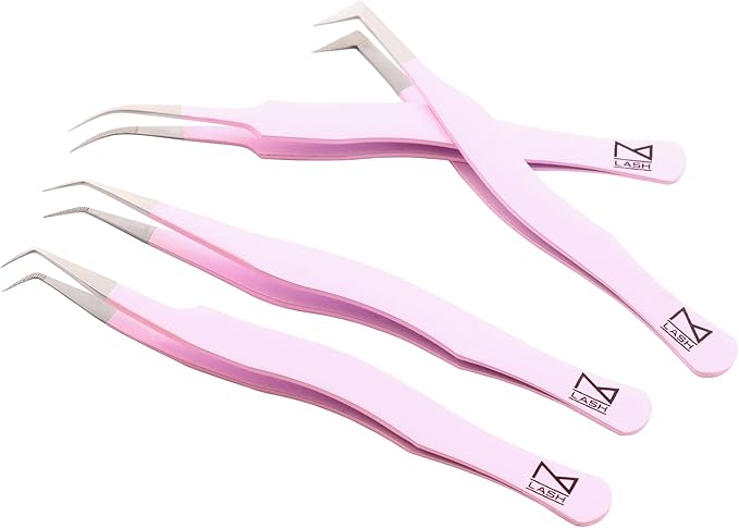 M LASH Eyelash Tweezers for Eyelash Extensions (Set of 4) - Professional Lash Extension Tweezers - Fiber Tip Lash Tweezers, Japanese Steel, Diamond Grip For Flawless Application (Lilac)