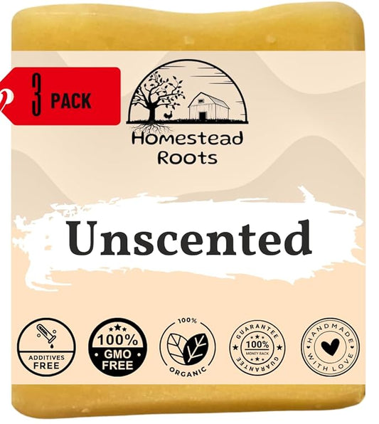 -Unscented- Handcrafted with Grass-Fed Beef Tallow and Organic Oils - Scented with Organic Essential Oils - Artisanal Bar Soap - 3 Pack - Each Bar Unique (Unscented)