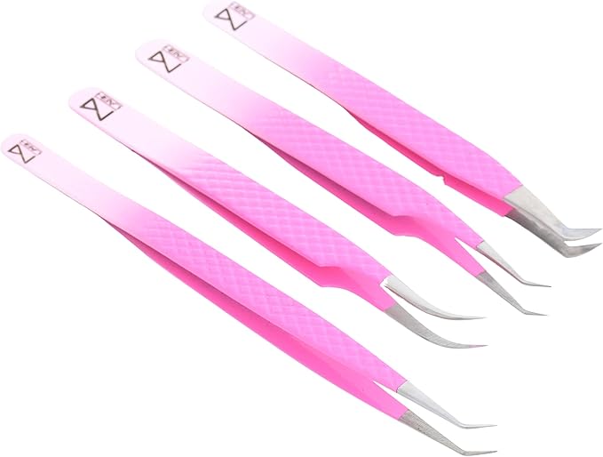 M LASH Tweezers for Eyelash Extensions (Set of 4) - Professional Lash Extension Tweezers - Fiber Tip, Japanese Steel, Diamond Grip Eyelash Extension Tweezer (PW-Ombre)