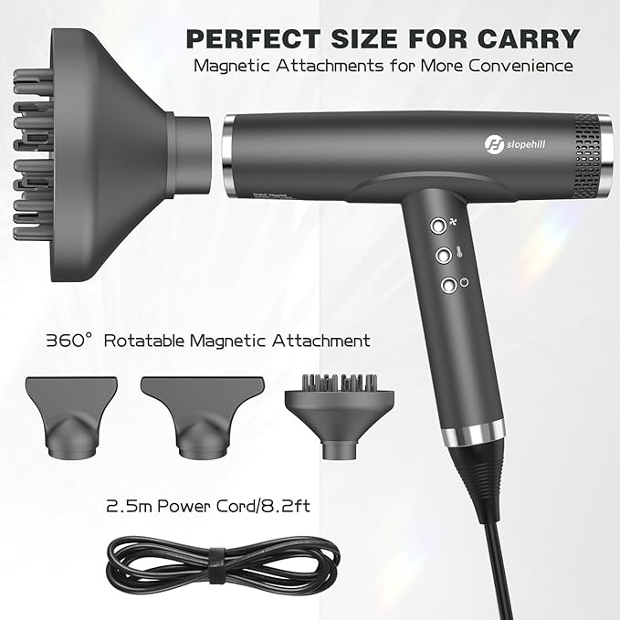 slopehill Professional Ionic Hair Dryer with Diffuser - Lightweight, Compact, Powerful & Fast Salon Blow Dryer with High Speed Brushless Motor for Travel, Women & Men (Ceramic, Black)