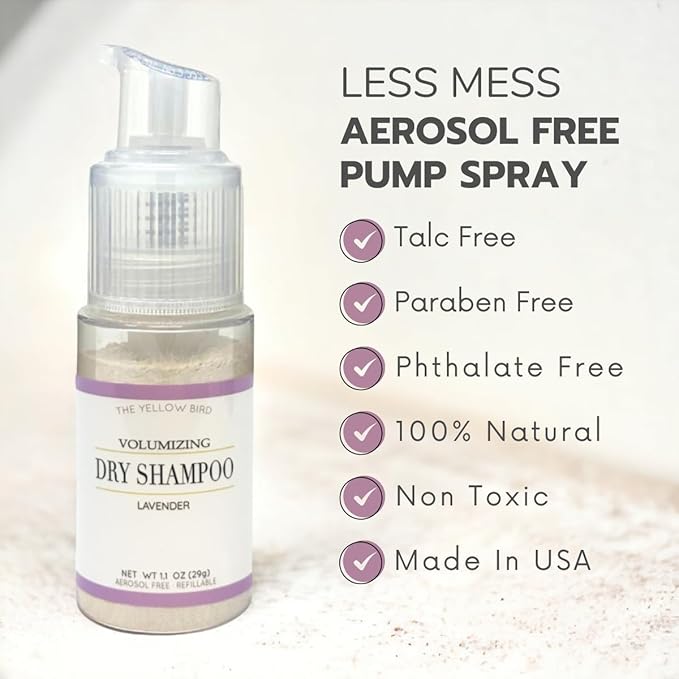 The Yellow Bird Natural Powder Dry Shampoo – Non Aerosol Pump Spray, Healthy, Volumizing Hair Refresh for Women & Men | Organic Ingredients | Lavender Oil Scented | Made in USA