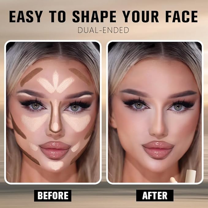 2in1 Nuetral Nude + Beige Cream Contour Highlighter Stick, Dual-Ended Highlighter Makeup Contour Stick, Contour Stick Dual Ended For Face Body Makeup, Long Lasting Waterproof for All Skin Tones